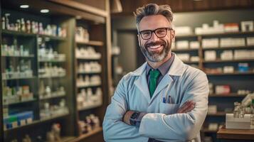 Smiling portrait of a handsome pharmacist in a pharmacy store. Generative Ai photo