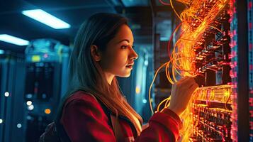 a female network engineer connecting cables in server cabinet while working with supercomputer in data center. Generative Ai photo