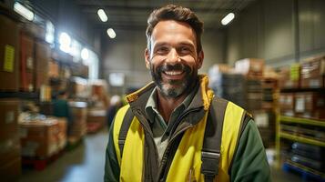 Portrait of Happy worker driver in the department store. large warehouse. Generative Ai photo