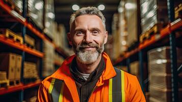 Portrait of Happy worker driver in the department store. large warehouse. Generative Ai photo