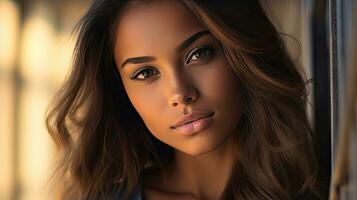 a Beautiful girl with smooth tanned skin and tender. Generative Ai photo