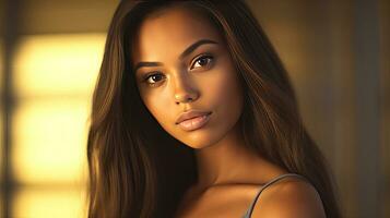 a Beautiful girl with smooth tanned skin and tender. Generative Ai photo