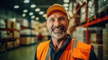 Portrait of Happy worker driver in the department store. large warehouse. Generative Ai photo