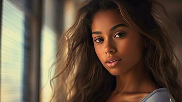 a Beautiful girl with smooth tanned skin and tender. Generative Ai photo