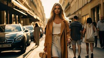 A beautiful model woman walking with shopping bags buying clothes in stores on a city street in france. fashionable lady with high heels. Generative Ai photo