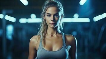 a Beautiful young woman wearing fitness fashion in a gym. Generative Ai photo