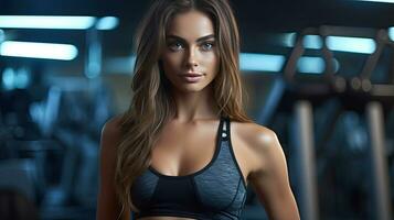 a Beautiful young woman wearing fitness fashion in a gym. Generative Ai photo