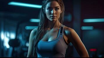 a Beautiful young woman wearing fitness fashion in a gym. Generative Ai photo