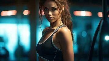 a Beautiful young woman wearing fitness fashion in a gym. Generative Ai photo