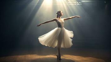 un agraciado bailarina ejecutando un elegante danza en escenario. generativo ai foto