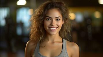 un sonriente de hermosa joven mujer vistiendo aptitud Moda en un gimnasia. generativo ai foto