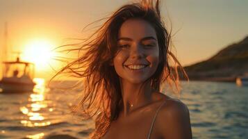 a smiling beautiful young woman vacationing on the sea , summer vacation. Generative Ai photo