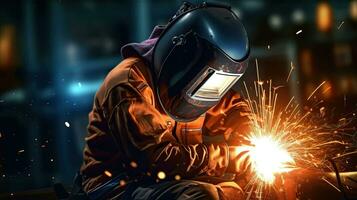 Worker or Welder wear safety gear who perform arc welding in the factory. Generative Ai photo