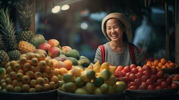 Joyful seller asian woman working in fruit shop. Generative Ai photo