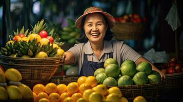 Joyful seller asian woman working in fruit shop. Generative Ai photo