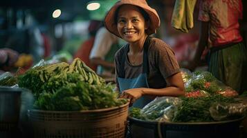 Joyful seller woman working in fruit shop. Generative Ai photo