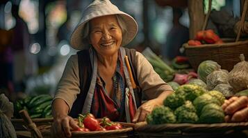 alegre vendedor mayor mujer trabajando en Fruta tienda. generativo ai foto