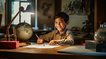 sonriente niño colegio chico haciendo deberes mientras sentado a escritorio a hogar. generativo ai foto