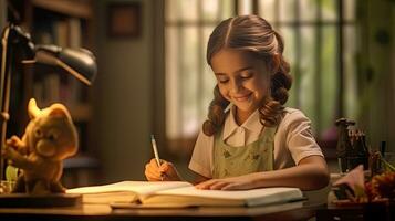 sonriente niño colegio niña haciendo deberes mientras sentado a escritorio a hogar. generativo ai foto