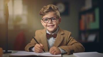 sonriente niño colegio chico haciendo deberes mientras sentado a escritorio a hogar. generativo ai foto