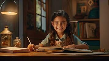 sonriente niño colegio niña haciendo deberes mientras sentado a escritorio a hogar. generativo ai foto