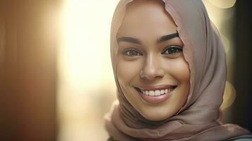 a Smiling ethnic young woman in hijab. Generetive Ai photo