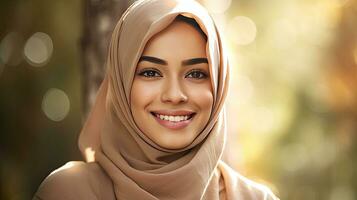 a Smiling ethnic young woman in hijab. Generetive Ai photo