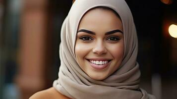 a Smiling ethnic young woman in hijab. Generetive Ai photo