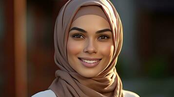 a Smiling ethnic young woman in hijab. Generetive Ai photo