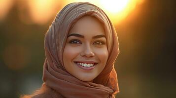 a Smiling ethnic young woman in hijab. Generetive Ai photo