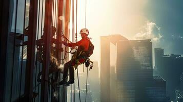 Professional climber rope access workers cleaning glass in tall building. Generative Ai photo