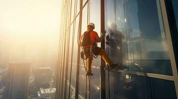 Professional climber rope access workers cleaning glass in tall building. Generative Ai photo