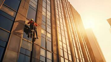 Professional climber rope access workers cleaning glass in tall building. Generative Ai photo