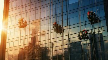 Workers cleaning glass in tall building. Generative Ai photo