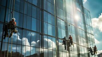 Workers cleaning glass in tall building. Generative Ai photo