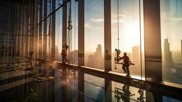 Workers cleaning glass in tall building. Generative Ai photo