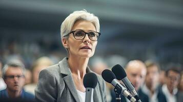 a Mature female delegate speaker with microphone while standing by tribune at forum or conference. Generative Ai photo