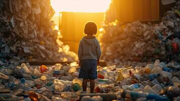 Backside of a Child looking at a lot of plastic waste. Generative Ai photo