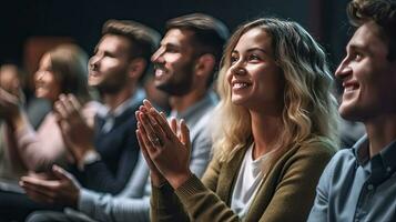 grupo de joven personas aplaudiendo mientras sentado en un conferencia habitación a el seminario. generativo ai foto