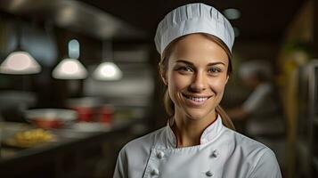 Portrait of A smiling female chef in the kitchen. Generative Ai photo