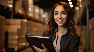 Portrait of A smiling woman with a tablet for checking goods. logistics and business export concept. Generative Ai photo