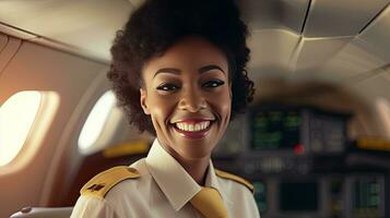 African American woman smiling as flight attendant. Female airplane stewardess. Generative Ai photo