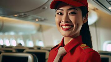 sonriente de asiático hembra avión azafata interior de pasajero avión. generativo ai foto