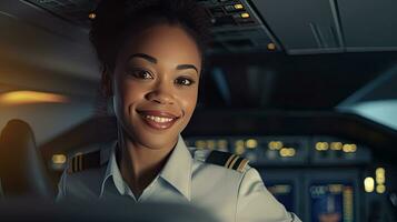 African American woman working as flight attendant. Female airplane stewardess interior of passenger plane. Generative Ai photo