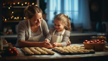 alegre Navidad y contento vacaciones. madre y hija son preparando Navidad galletas a el cocina. generativo ai foto