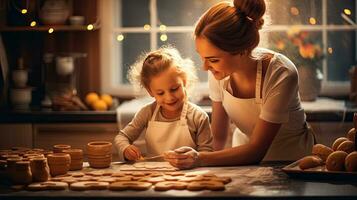 alegre Navidad y contento vacaciones. madre y hija son preparando Navidad galletas a el cocina. generativo ai foto