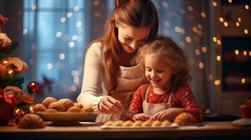 alegre Navidad y contento vacaciones. madre y hija son preparando Navidad galletas a el cocina. generativo ai foto