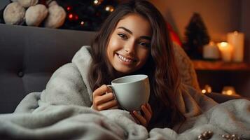 A Cheerful young woman drinking coffee while sitting under the covers on the couch at home in winter. Generative Ai photo