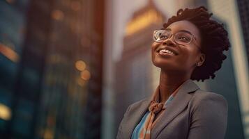 Happy african american businesswoman standing in big city modern skyscrapers street on sunset thinking of successful vision, dreaming of new investment opportunities. Generative Ai photo