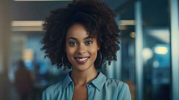 Happy african american young woman standing with arms crossed in office. Generative Ai photo